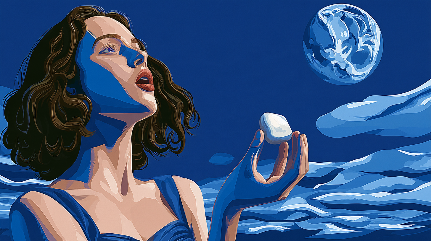 Ilustracja do opowiadania Kamień w wodę — kobieta trzymająca kamień nad wodą