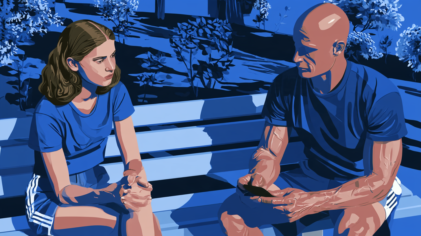 Ilustracja do opowiadania Dym — dziewczyna i mężczyzna na ławce