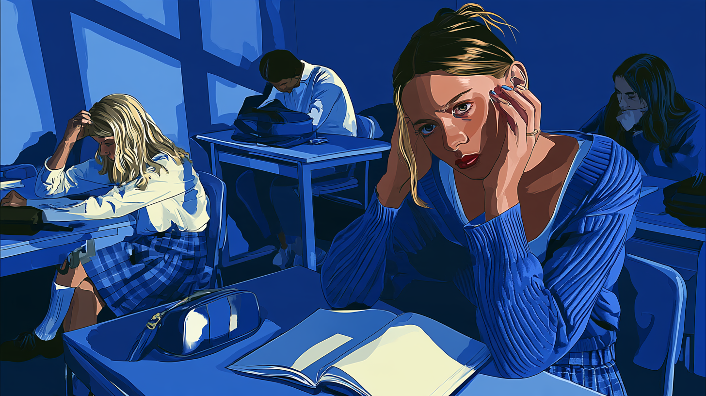 Ilustracja do opowiadania Do cna — studentka w sali z otwartą książką