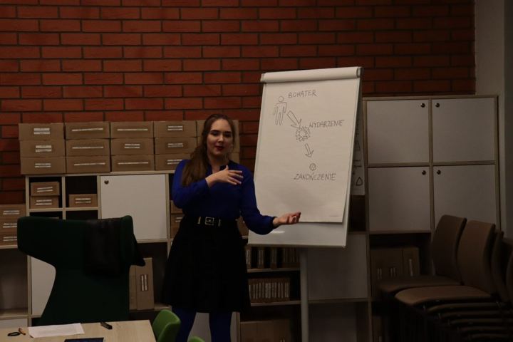 Anna Zborowska omawia schemat opowieści na flipcharcie